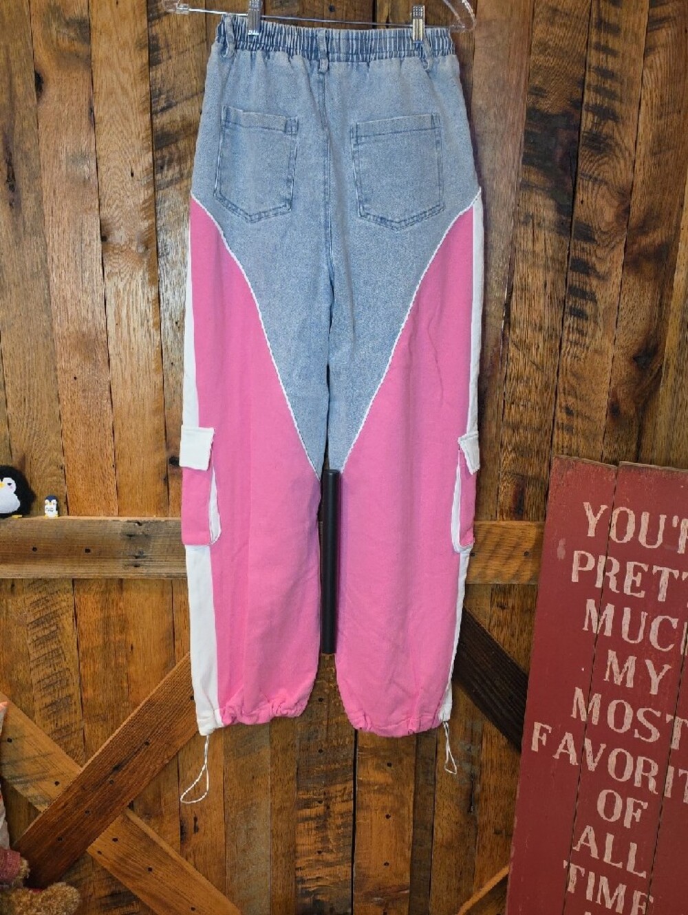 042p Colorblock Pink and Light Blue Cargo Joggers with Drawstring Waist - Picture 12 of 12
